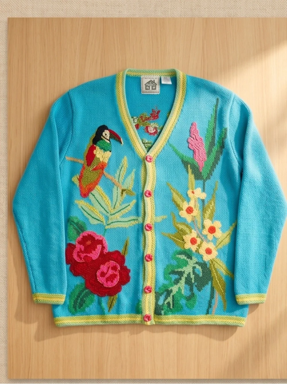 Handknits by Storybook Kruts Tropical Parrot Cardigan Turq Embroidery Sweater Lg